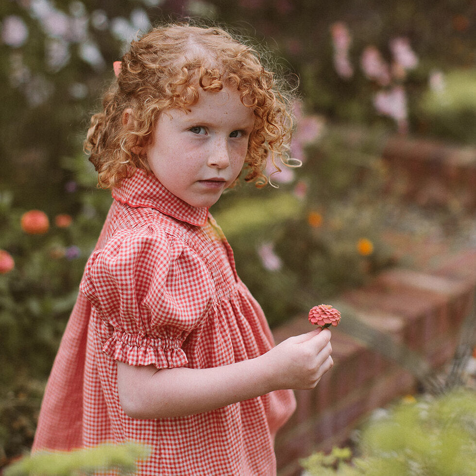 ss24 Marco Polo Dress - Strawberry & Oat Mini Check Linen