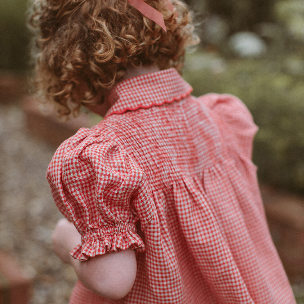 ss24 Marco Polo Dress - Strawberry & Oat Mini Check Linen