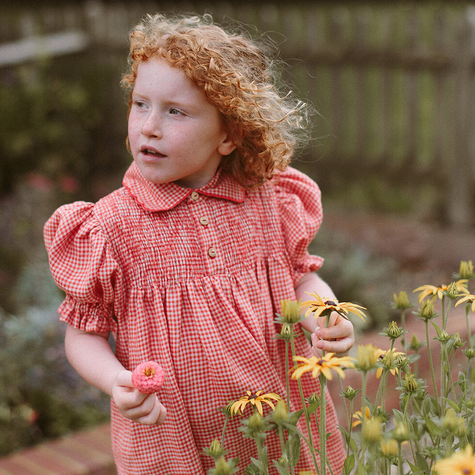 ss24 Marco Polo Dress - Strawberry & Oat Mini Check Linen