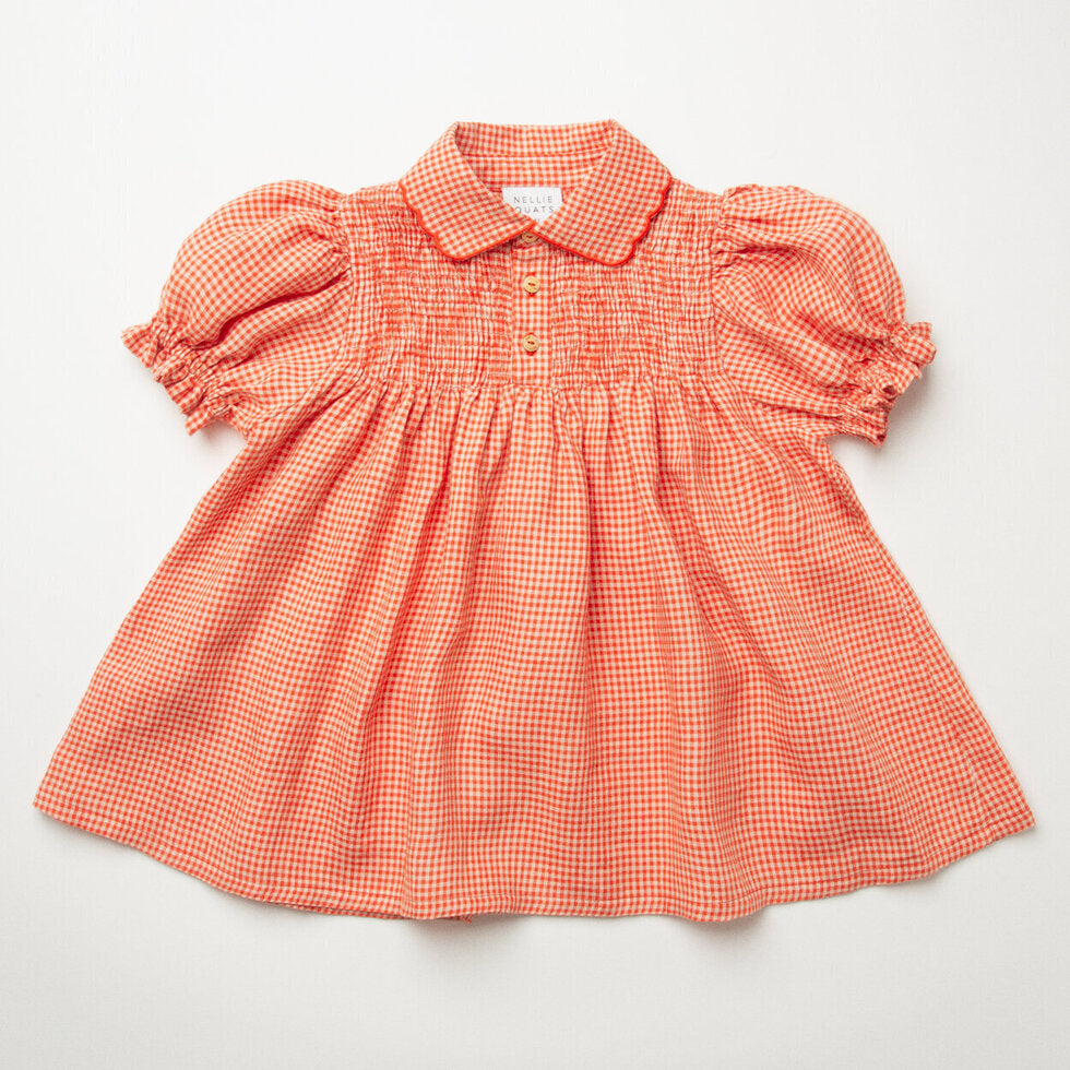 ss24 Marco Polo Dress - Strawberry & Oat Mini Check Linen