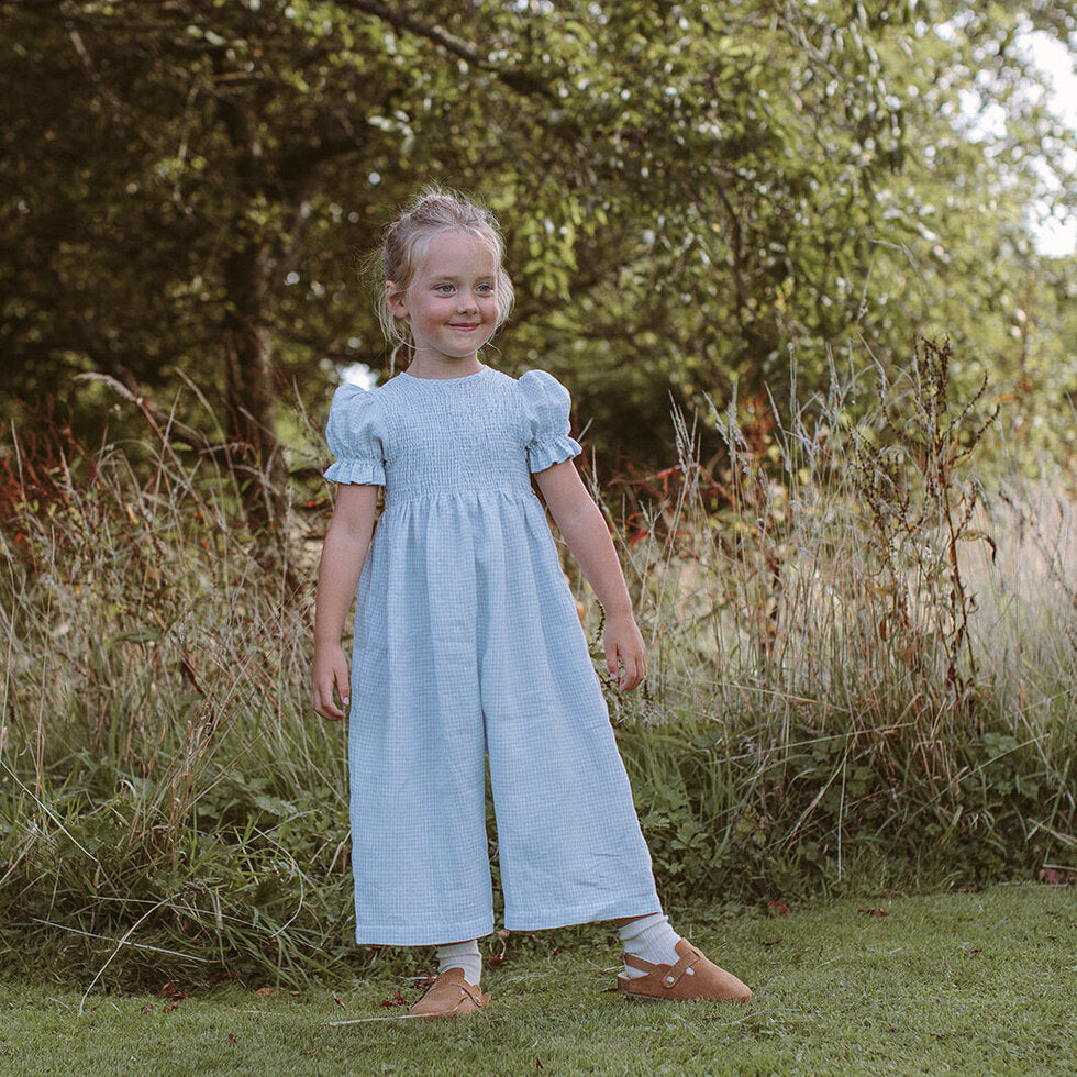 ss24 Jumping Jack Jumpsuit - Baby Blue & Milk Mini Check Linen