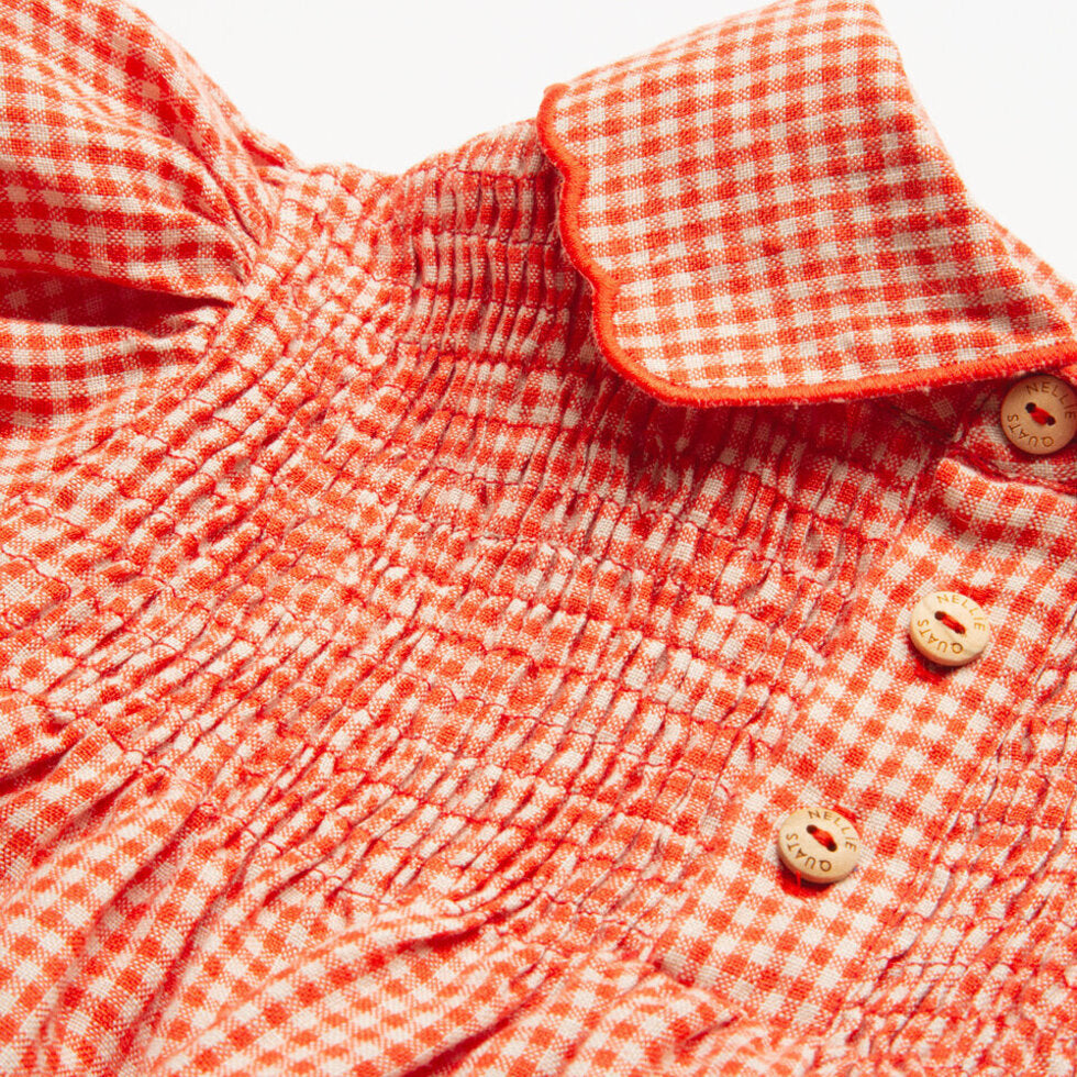 ss24 Marco Polo Dress - Strawberry & Oat Mini Check Linen
