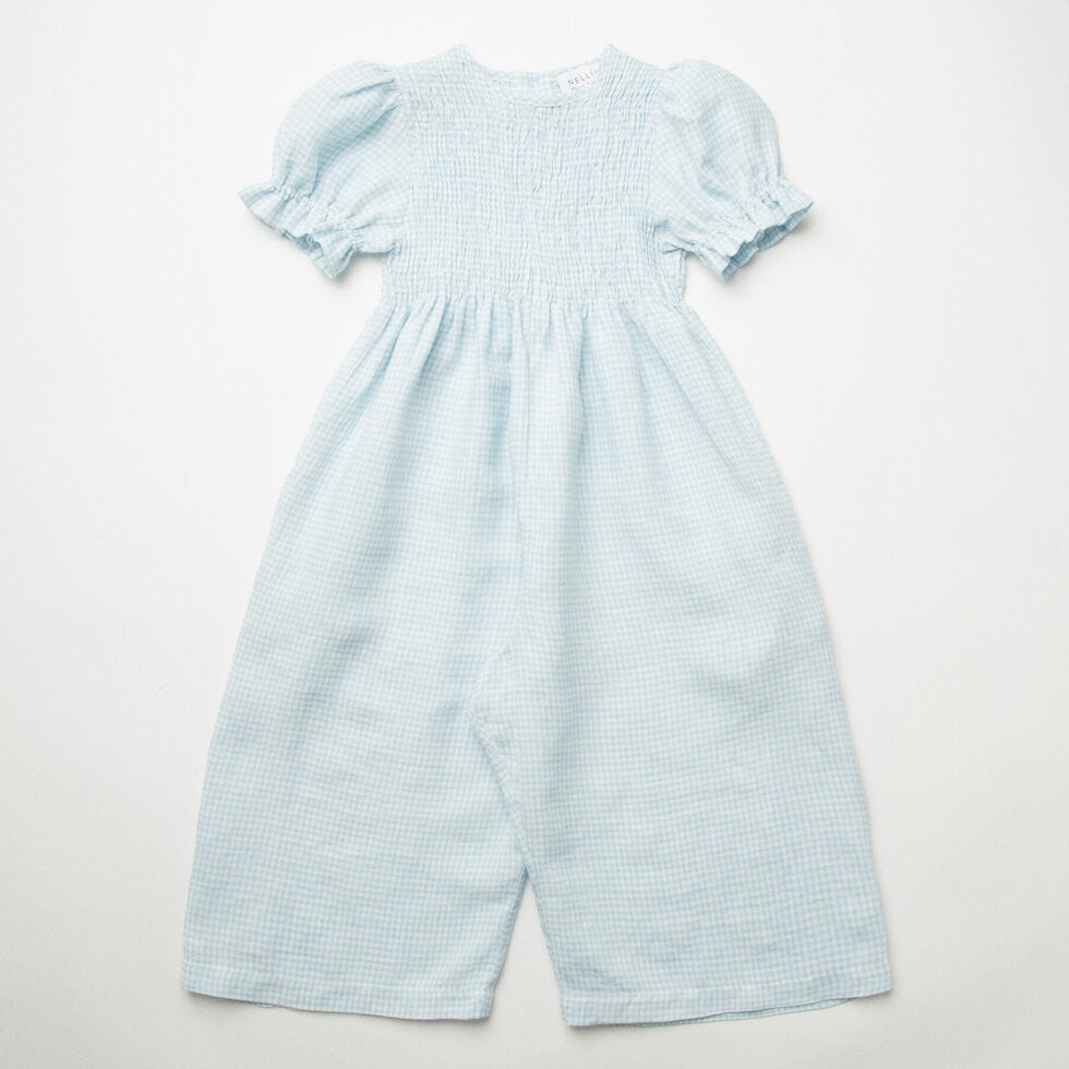 ss24 Jumping Jack Jumpsuit - Baby Blue & Milk Mini Check Linen