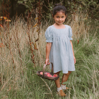 ss24 Skipping Dress - Baby Blue & Milk Mini Check Linen