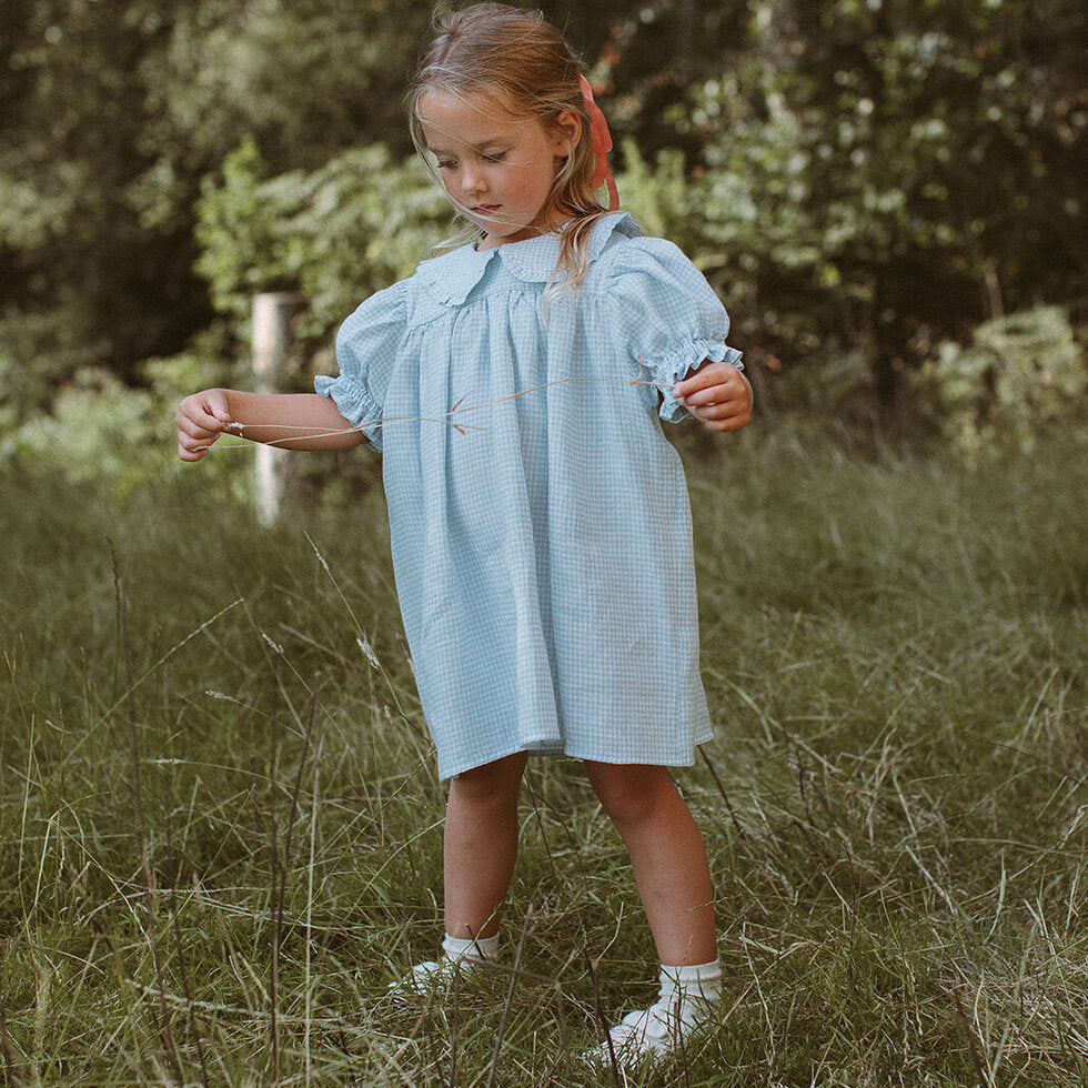 ss24 Marbles Dress - Baby Blue & Milk Mini Check Linen