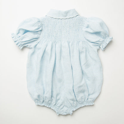 ss24 Marco Polo Romper - Baby Blue & Milk Mini Check Linen