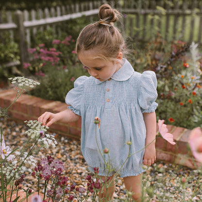 ss24 Marco Polo Romper - Baby Blue & Milk Mini Check Linen