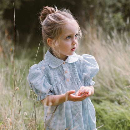 ss24 Marco Polo Romper - Baby Blue & Milk Mini Check Linen