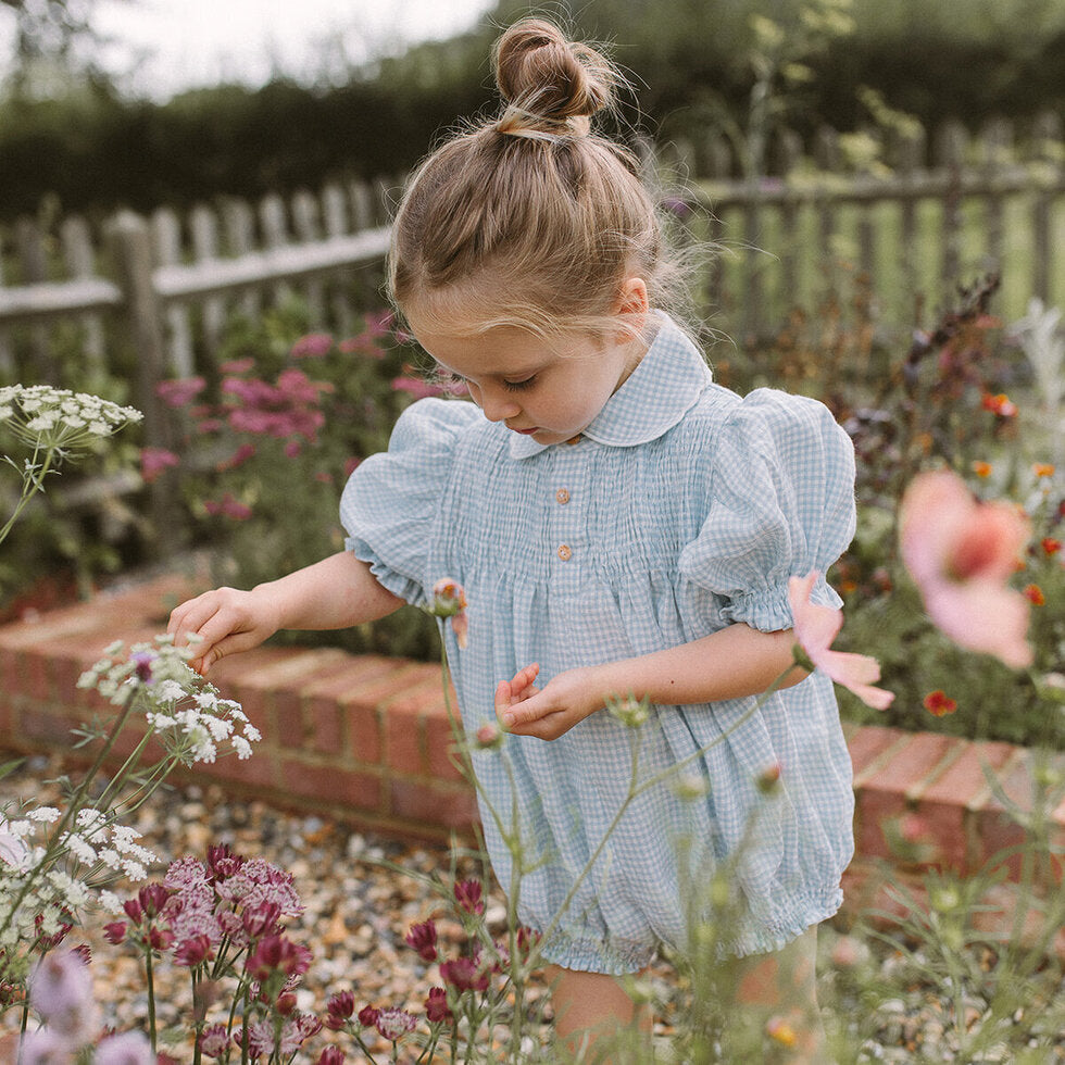 ss24 Marco Polo Romper - Baby Blue & Milk Mini Check Linen