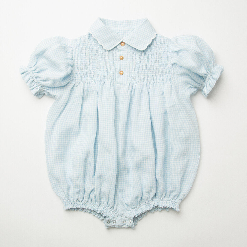 ss24 Marco Polo Romper - Baby Blue & Milk Mini Check Linen