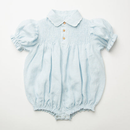 ss24 Marco Polo Romper - Baby Blue & Milk Mini Check Linen