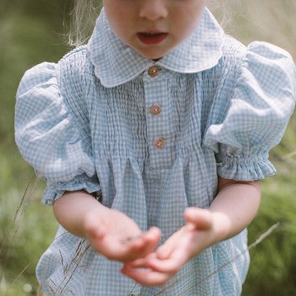 ss24 Marco Polo Romper - Baby Blue & Milk Mini Check Linen