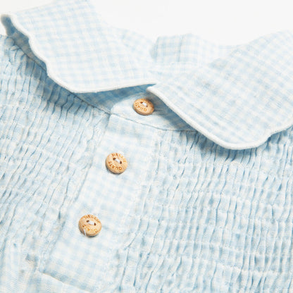 ss24 Marco Polo Romper - Baby Blue & Milk Mini Check Linen