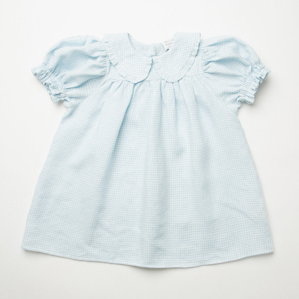 ss24 Marbles Dress - Baby Blue & Milk Mini Check Linen