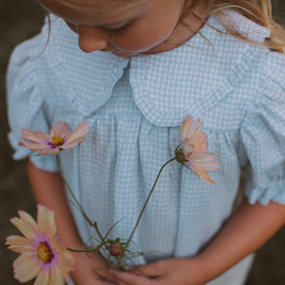 ss24 Marbles Dress - Baby Blue & Milk Mini Check Linen