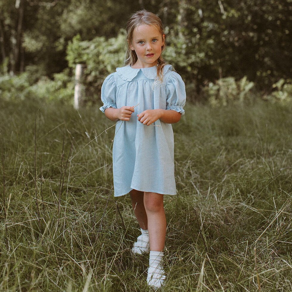 ss24 Marbles Dress - Baby Blue & Milk Mini Check Linen