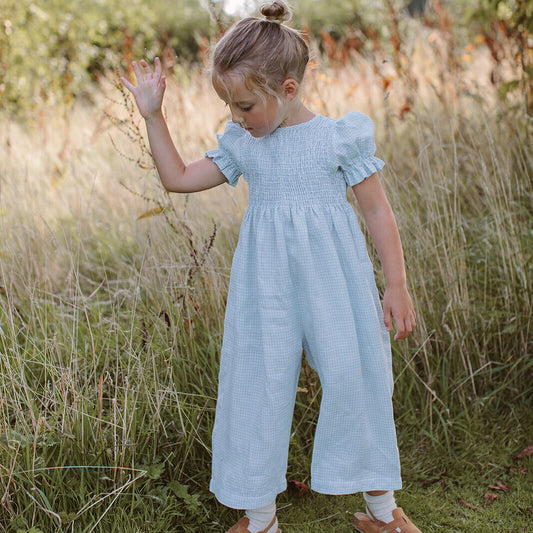 ss24 Jumping Jack Jumpsuit - Baby Blue & Milk Mini Check Linen